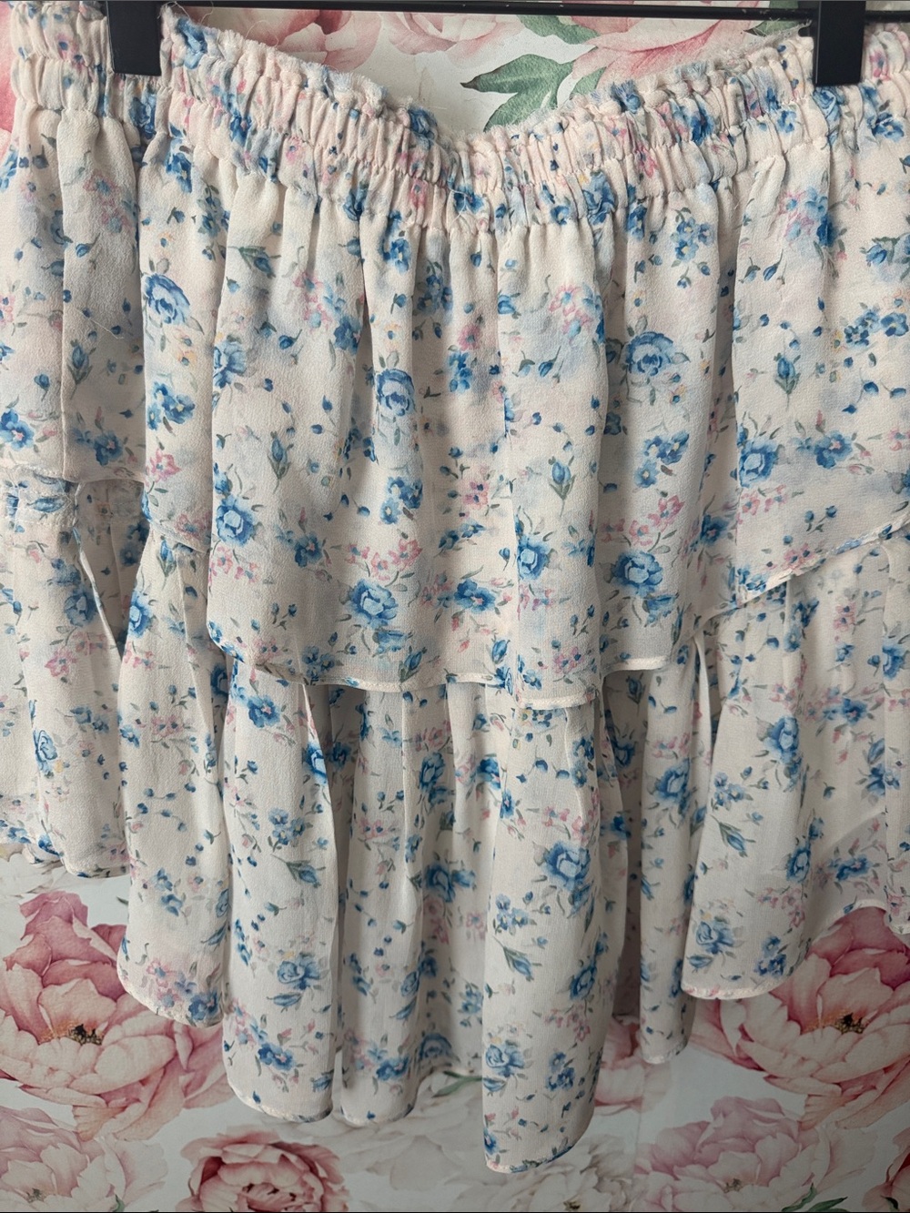 LoveShackFancy Blue Pink Floral Ruffle Tiered Mini Skirt SILK size M - Picture 4 of 6
